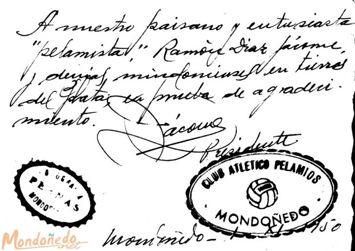 Dedicatoria
Dedicatoria a Ramón Díaz Jácome de la foto del C. A. Pelamios (01-11-1950)
